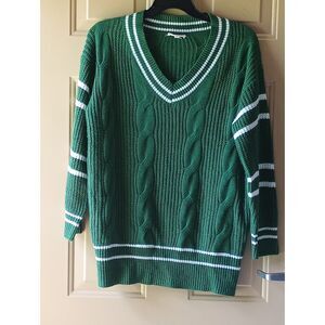 Vanilla Bay Green Cable Knit Varsity Stripe V-Neck Sweater Size Medium